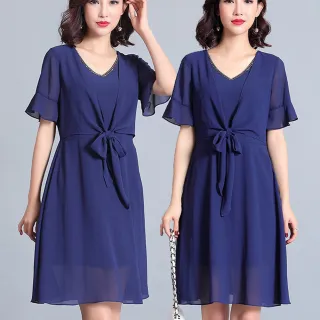 【麗質達人】3295藍色雪紡綁帶洋裝(特價商品)