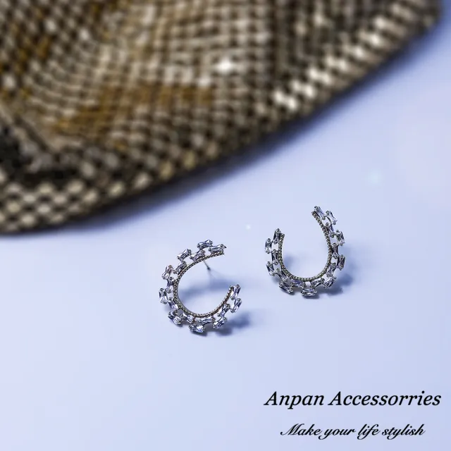 【Anpan】925銀針韓東大門C型幾何鑽石耳環