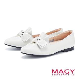 【MAGY】扭結蝴蝶結素面真皮平底鞋(白色)