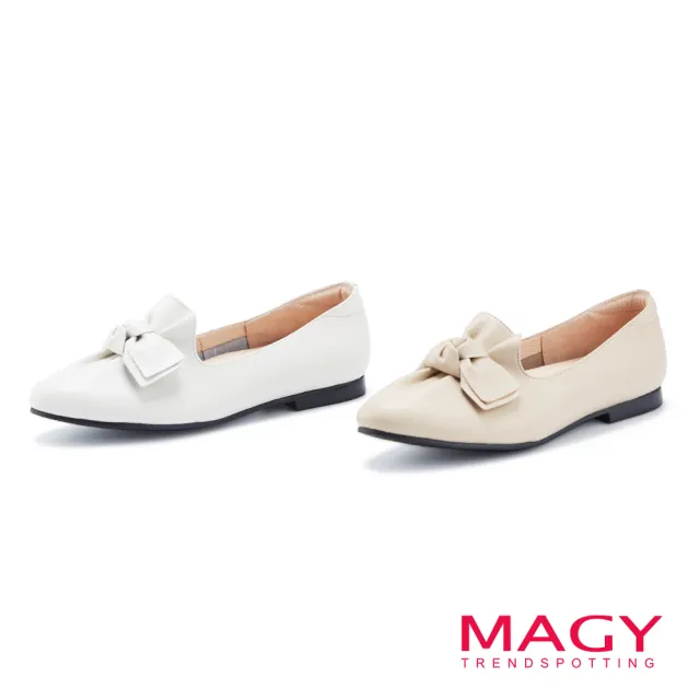 【MAGY】扭結蝴蝶結素面真皮平底鞋(白色)