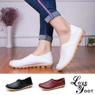 【LOVE FOOT 樂芙】真皮兩穿法V口懶人套腳休閒軟底豆豆鞋(5色任選)