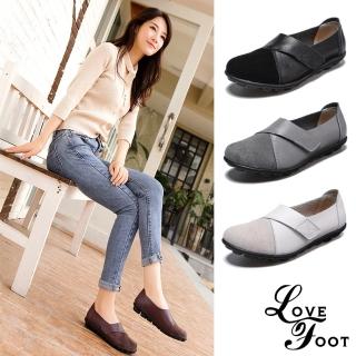 【LOVE FOOT 樂芙】真皮純色異材質拼接魔鬼粘舒適豆豆鞋(4色任選)