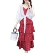 【KVOLL】現貨-玩美衣櫃雪紡披肩罩衫+波點蛋糕裙洋裝兩件套XL-5XL(共三色)