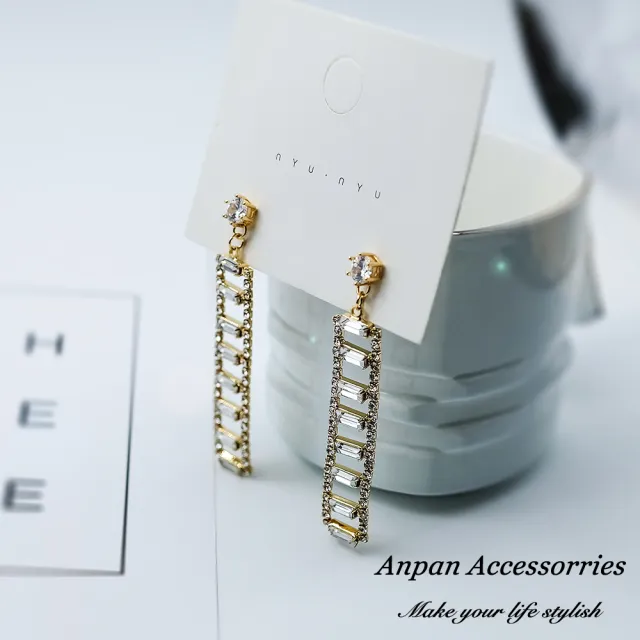 【Anpan】韓東大門氣質階梯水晶鑽石垂墜耳針式耳環