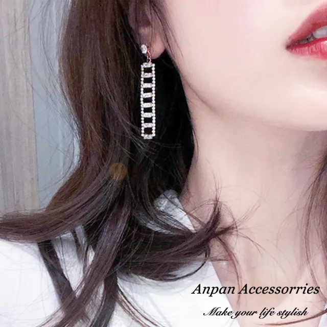 【Anpan】韓東大門氣質階梯水晶鑽石垂墜耳針式耳環