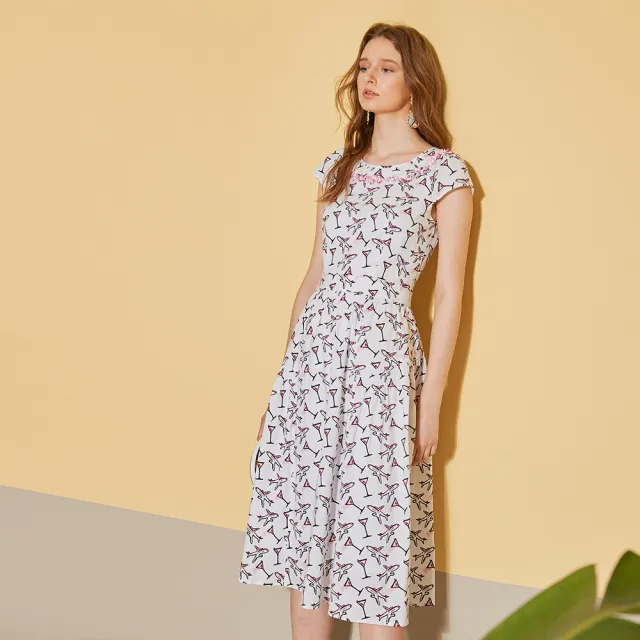 【ICHE 衣哲】時尚印花領口鑲飾中長版造型洋裝-優雅白