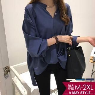 【艾美時尚】中大尺碼女裝 女上衣 簡約V領扭結雪紡衫上衣。L-4XL(3色.預購)