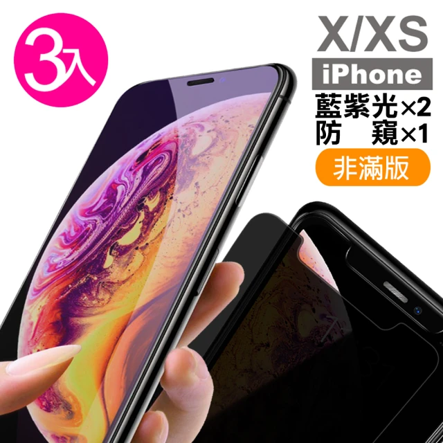 iPhoneX XS 9H鋼化膜手機保護貼 藍紫光 防窺(3入 XS保護貼 X保護貼)