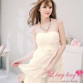 【lingling】桃心領蛋糕雪紡飾花小禮服洋裝PA2028(甜蜜杏)