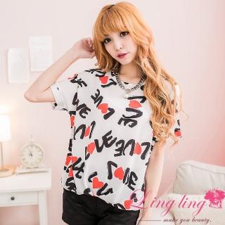 【lingling】休閒珍珠麻圖紋抓折擺上衣PA2236(英字愛心)