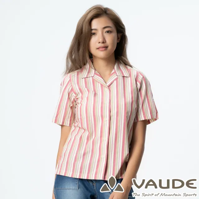 【VAUDE】女短袖直條紋襯衫(VA-06049綠灰條/吸溼排汗/透氣舒適/簡約質感/零碼出清)