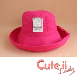 【Cute ii Lady】日本UV CUT防紫外線棉麻捲邊大帽簷漁夫遮陽帽(玫紅)