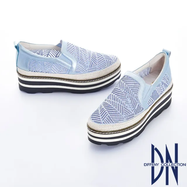 【DN】炫目焦點 真皮線條水鑽拼接草編厚底鞋(藍)