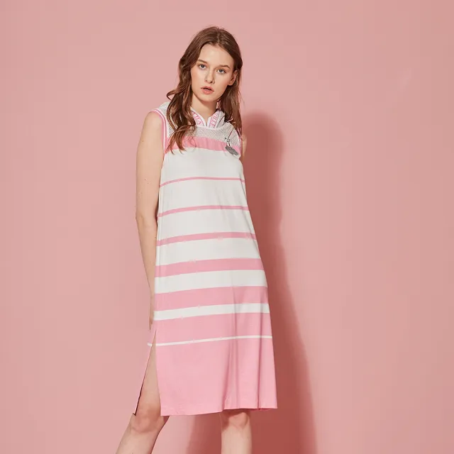【ICHE 衣哲】輕時尚連帽拼接針織條紋印花洋裝-櫻花粉