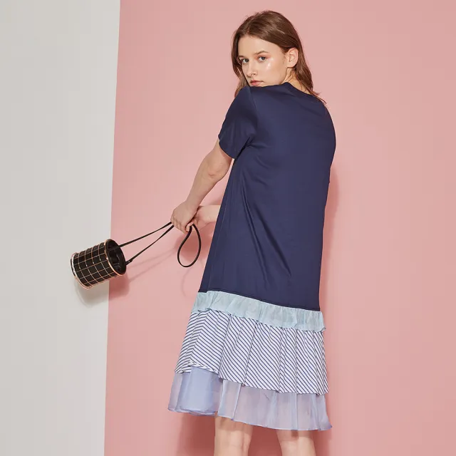 【ICHE 衣哲】時尚印花假兩件拼接疊層造型洋裝-藏藍