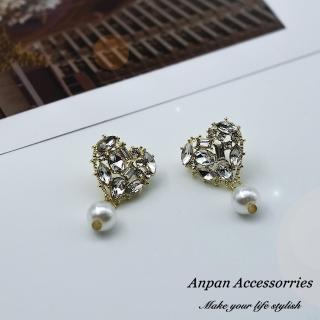 【Anpan】925銀針韓東大門水鑽珍珠愛心滿溢耳環