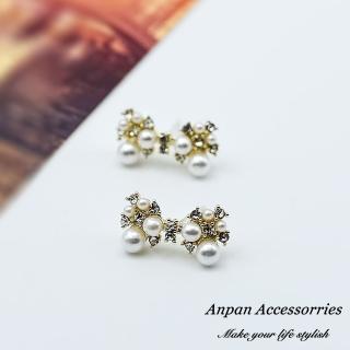 【Anpan】925銀針韓東大門輕巧水鑽珍珠蝴蝶結耳環