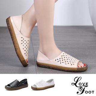 【LOVE FOOT 樂芙】真皮復古兩穿法魚嘴露趾花樣縷空軟底防滑厚底涼拖鞋(4色任選)