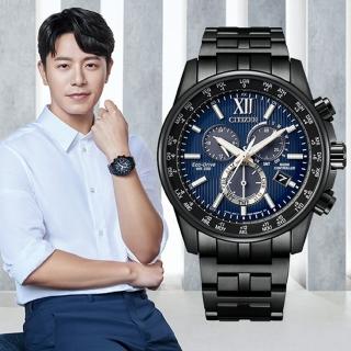 【CITIZEN 星辰】廣告款亞洲限定黑色榮耀電波光動能計時男錶-藍x黑/42.5mm 母親節限定(CB5885-85L)