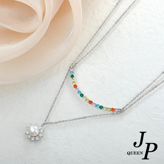 Jpqueen 美好彩虹雙層珍珠花彩鑽鎖骨項鍊(銀色)