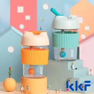 【KKF 吻吻魚】彩虹啵啵兩用吸管隨行杯 365ml(耐熱玻璃、可拆洗、吸管直飲兩用、附精美包裝、送禮推薦)