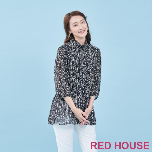 【RED HOUSE 蕾赫斯】荷葉立領小碎花上衣(黑色)