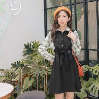 【OB 嚴選】面磨毛拼接格紋假兩件純色綁帶洋裝 《DA7125》