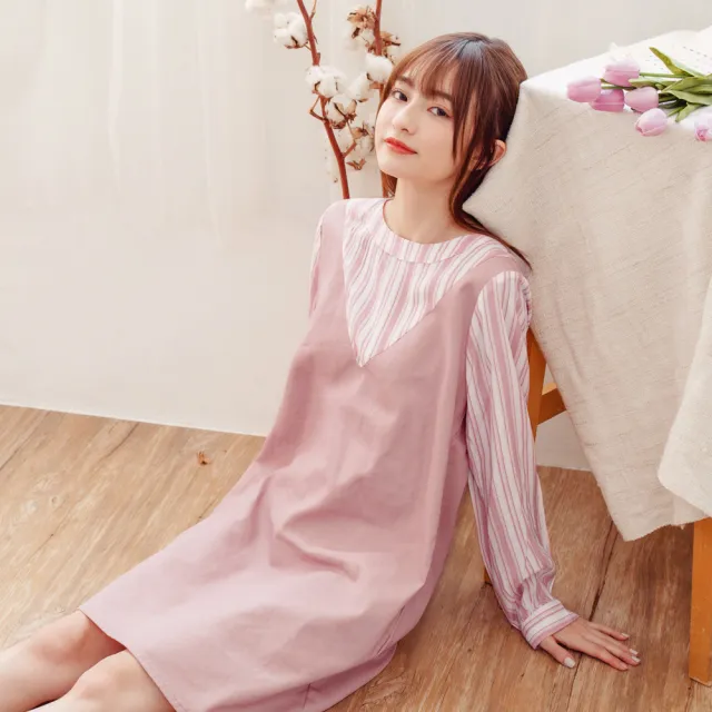 【OB 嚴選】假兩件條紋印花拼接棉質洋裝 《DA8031》