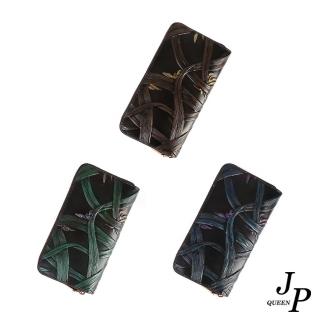 【Jpqueen】復古年代壓花全真牛皮手拿女用長夾(3色可選)