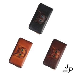 【Jpqueen】復古生動貓咪全真牛皮手拿女用長夾(3色可選)