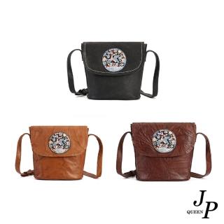 【Jpqueen】復古耐磨刺繡全真牛皮單肩斜背女用翻蓋包(3色可選)