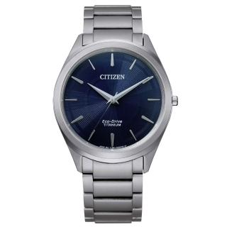 【CITIZEN 星辰】商務極簡 光動能鈦金屬時尚男錶-銀x藍/39mm 母親節限定(BJ6520-82L)