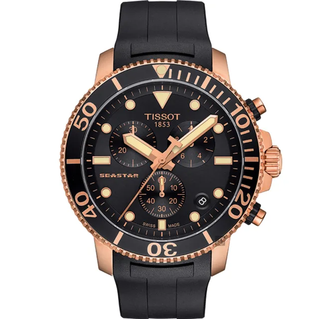 【TISSOT 天梭】水鬼 Seastar 1000 海洋之星300米三眼計時手錶-黑x玫塊金框 女王節(T1204173705100)
