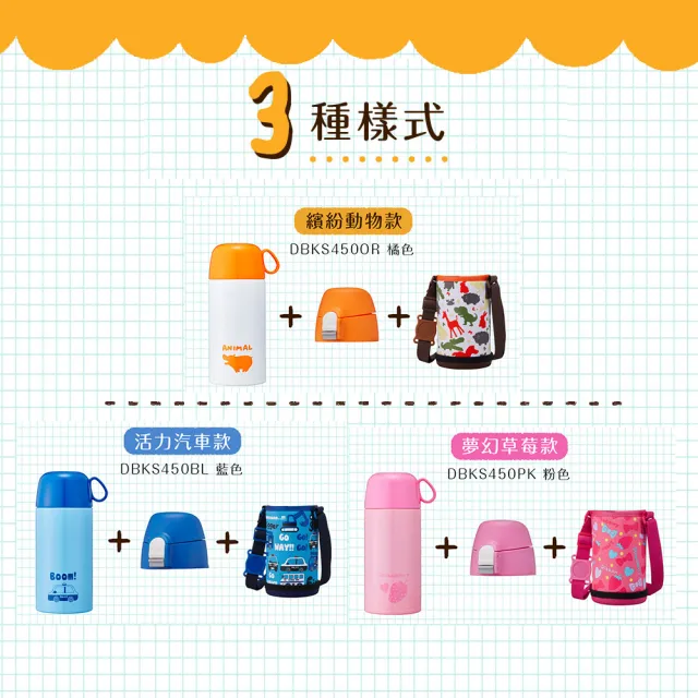 【日本mosh!】兒童304不鏽鋼保溫水壺｜直飲+水杯兩用｜附背帶｜450ml(3色可選)