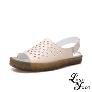 【LOVE FOOT 樂芙】真皮菱格復古花樣縷空露趾軟底防滑厚底涼鞋(米)