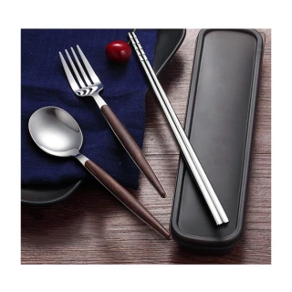 【ONE HOUSE】304仿木不銹鋼餐具組  餐具(湯匙+筷子+叉子+卡扣+盒子)