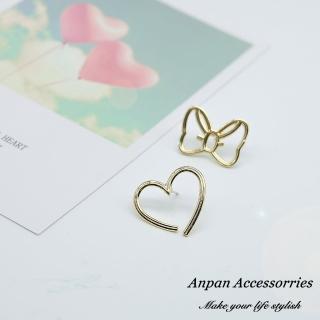 【Anpan】925銀針韓東大門簡約百搭愛心蝴蝶結不對稱耳環