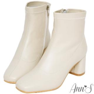 【Ann’S】纖細小姐姐-小羊皮方頭低跟塑身短靴6cm(米白)