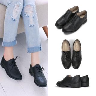 【FUFA Shoes 富發牌】牛津百搭質感低跟鞋-黑 FE77(女鞋/牛津鞋/通勤鞋/面試鞋)