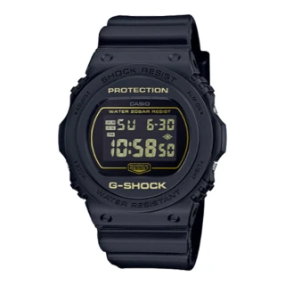 【CASIO 卡西歐】G-SHOCK 經典運動電子錶 樹脂錶帶 金屬黑x黃 防水200米(DW-5700BBM-1)