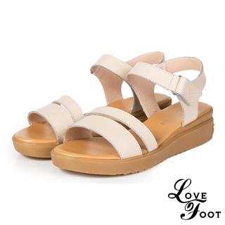 【LOVE FOOT 樂芙】真皮簡約雙線條魔鬼粘厚底涼鞋(米)