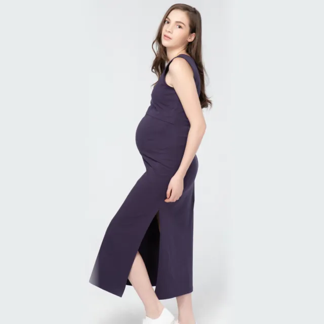 【Gennies 奇妮】彈力哺乳洋裝-紫(哺乳衣 無袖哺乳衣 連身長裙 長洋裝 開衩 上掀哺乳)