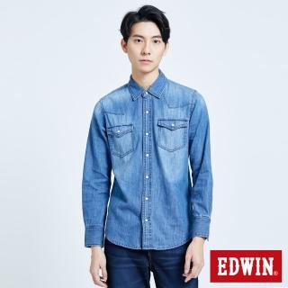 【EDWIN】男裝 塗鴉系列 基本牛仔襯衫(拔洗藍)