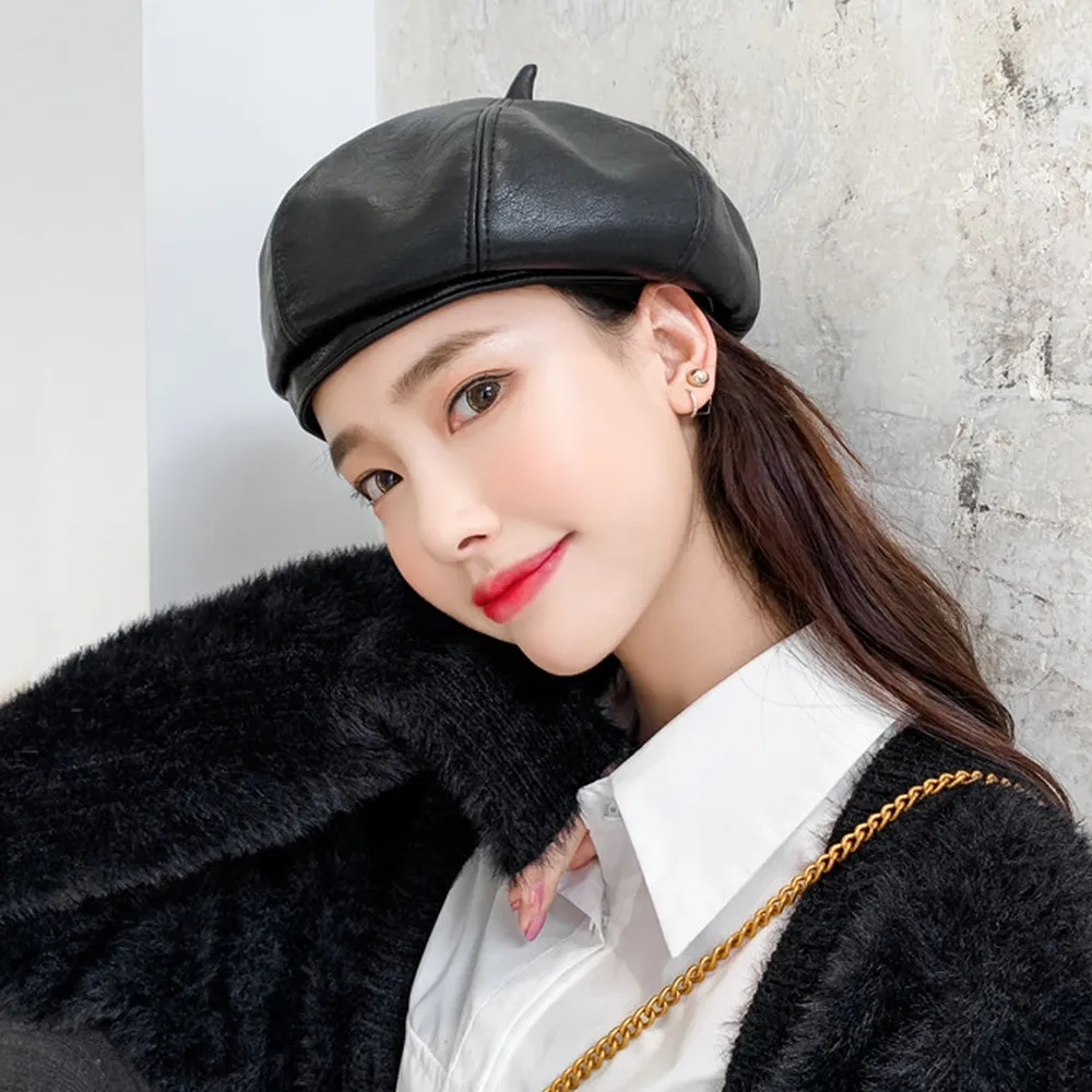 【Acorn 橡果】韓系仿皮復古畫家帽貝蕾帽八角帽南瓜帽遮陽帽1702(黑色)