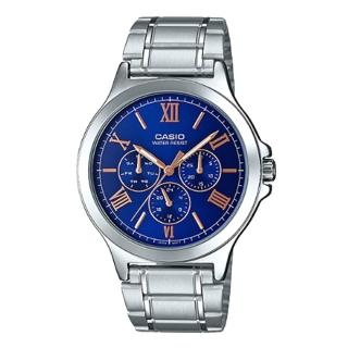 【CASIO 卡西歐】CASIO 羅馬三眼指標男錶 不鏽鋼錶帶 普魯士藍 生活防水(MTP-V300D-2A)
