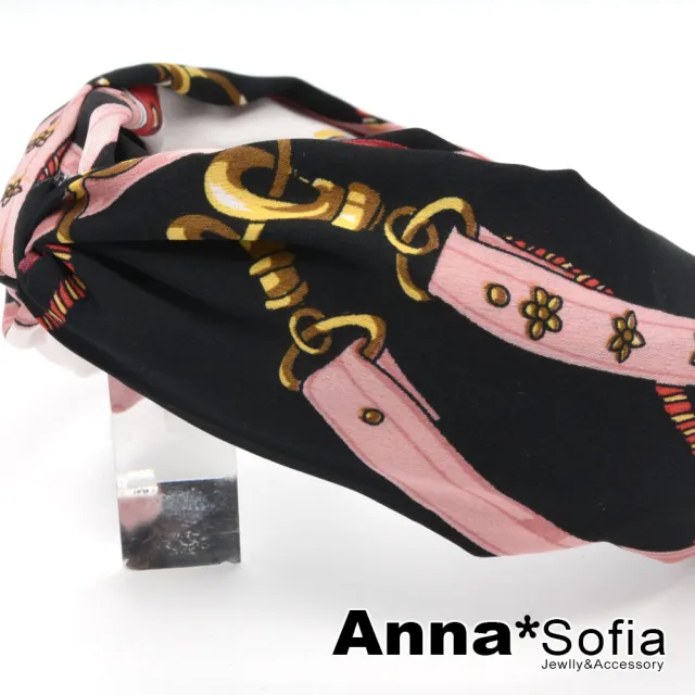 【AnnaSofia】韓式寬髮箍髮飾-緞面鎖鏈圖騰 現貨(黑粉系)