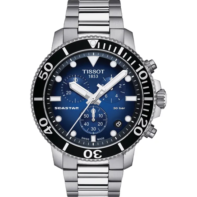 【TISSOT 天梭】水鬼 Seastar 1000 海洋之星300米潛水三眼計時錶-45mm 送行動電源(T1204171104101)