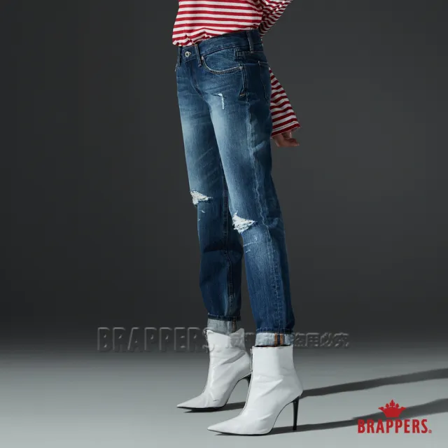 【BRAPPERS】女款 Boy friend系列-中低腰直向彈性膝蓋割破八分褲(藍)