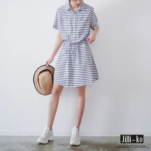 【JILLI-KO】買一送一 百搭拼接條紋收腰洋裝-M/L/XL(黑白條紋)