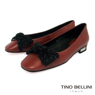 【TINO BELLINI 貝里尼】冬日毛料蝴蝶結全真皮小方頭娃娃鞋 VI8550(安可拉紅)